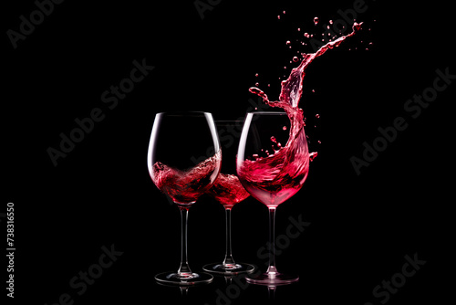 Set of red wine glasses is isolated on black background. Rose wine splashing in glassware.