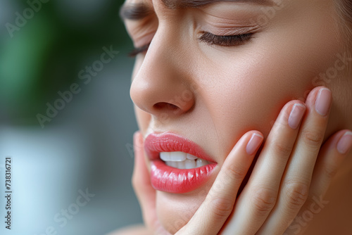 A person gripping their jaw with evident discomfort, indicating the presence of a toothache. Concept of dental pain and oral distress. Generative Ai.