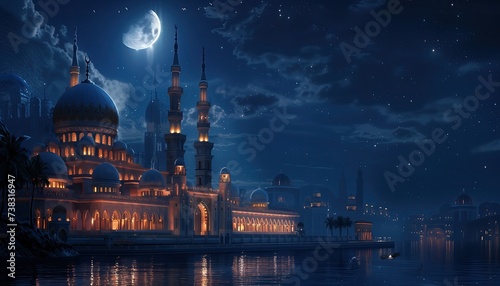 Intricate mosque building and architecture at night