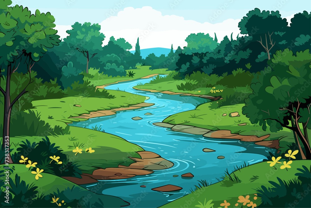 Landscape Vector Illustration of River and Mountains  - obrazy, fototapety, plakaty 