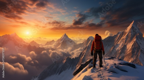Sunrise Summit Solitude - A lone trekker witnesses the sunrise over the serene, snowy mountains, a moment of pure solitude and beauty. #738317337