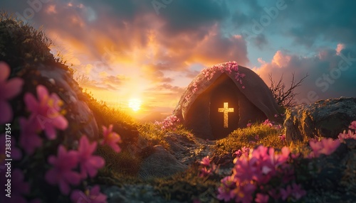 Tomb Empty With Shroud And Crucifixion At Sunrise - Resurrection Of Jesus Chris