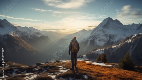 Serene Mountain Trekker - A lone hiker admires the vast beauty of the alpine landscape during golden hour, a scene of tranquil exploration. photo