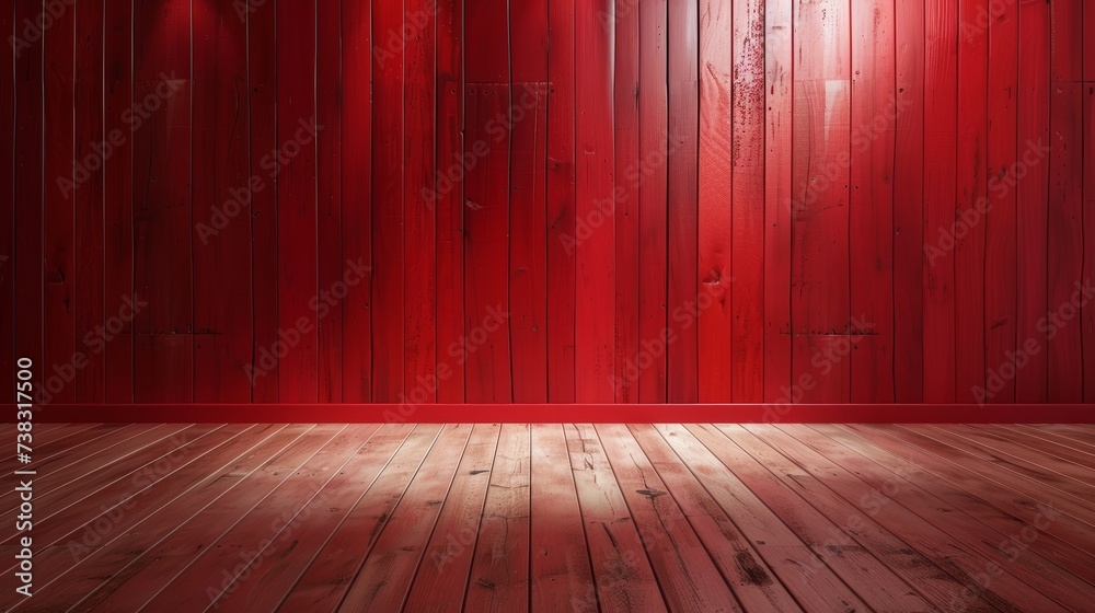 A vivid red wooden wall and floor create a dramatic and colorful backdrop.. A vivid red wooden wall and floor create a dramatic and colorful backdrop..