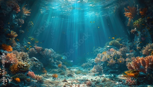 Underwater view of coral reef with fishes and rays of light. wallpaper, banner, copy space © Katsiaryna