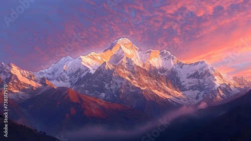 A mountain range with snow on top,, Captivating Sunrise over the Himalayan Mountains A Breathtaking Moment Frozen in Time Free Photo