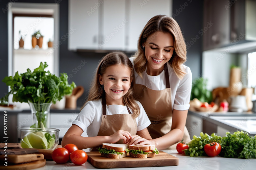Joyful excited young mom and pretty little daughter girl preparing sandwiches in kitchen together, cutting ingredients, smiling, laughing, posing for cooking blog picture. generative ai
