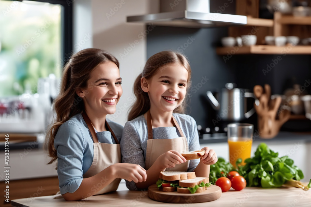 Joyful excited young mom and pretty little daughter girl preparing sandwiches in kitchen together, cutting ingredients, smiling, laughing, posing for cooking blog picture. generative ai