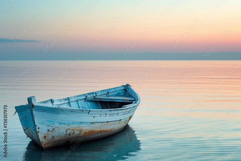 Weathered sailing boat on a calm ocean at sunrise