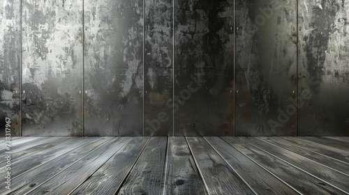 A grunge-style backdrop with weathered metal panels and distressed wooden planks. The contrasting textures offer a rich canvas for thematic visual storytelling..