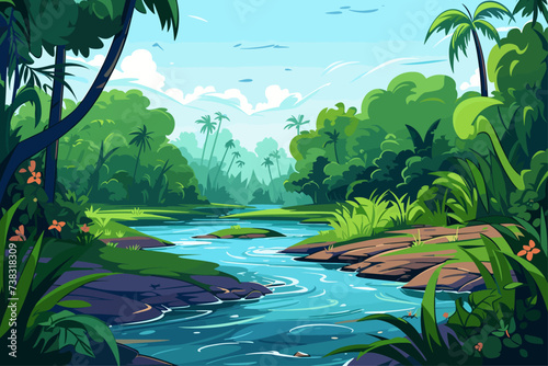 Vibrant and Colorful Illustration of a River with Forest and Mountains