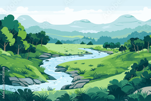 Beautiful Vector Landscape of a River Valley with Hills and Mountains