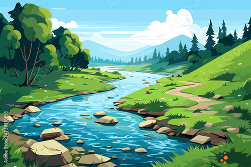 Winding River Flowing Through a Forested Valley with Hills and Mountains