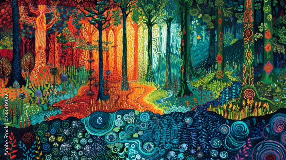 A visual depiction of the hidden order and complexity within nature with bold and repetitive patterns that reflect the intricate layers and rhythms of a lush forest.