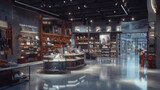 A high-end retail store with modern displays, fashion items, and ambient lighting