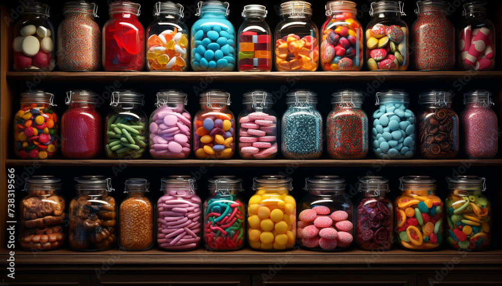 Multi colored jar with variation of medicine capsules generated by AI