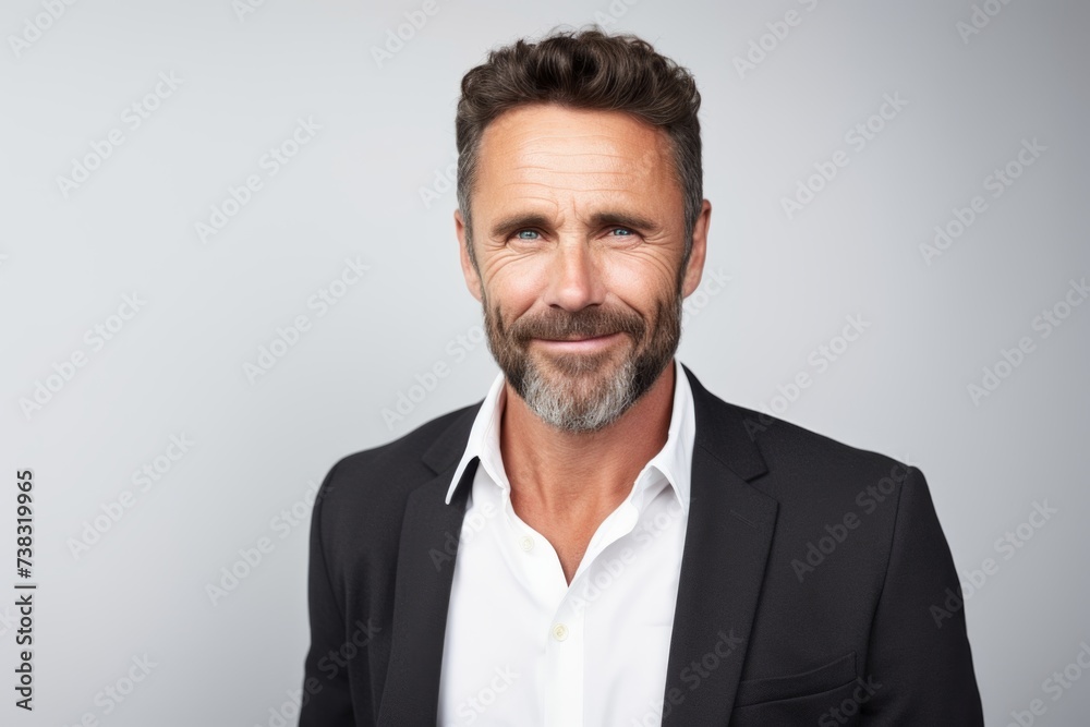 Handsome mature man looking at camera while standing against grey background Handsome mature man looking at camera while standing against grey background