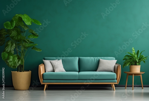 A green sofa with two plants on the sides on a dark green wall