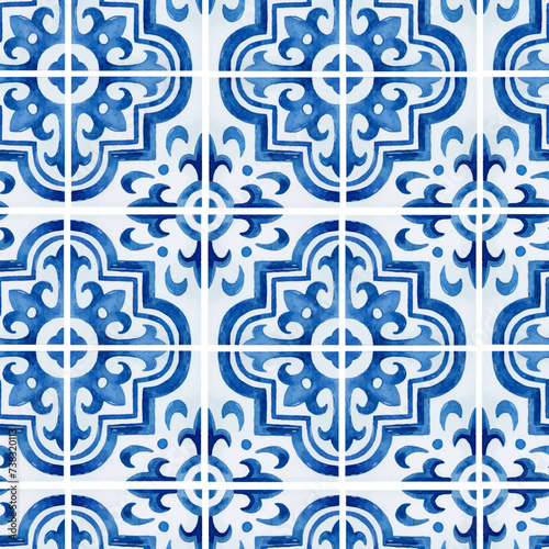 Watercolor blue tiles azulejo seamless pattern