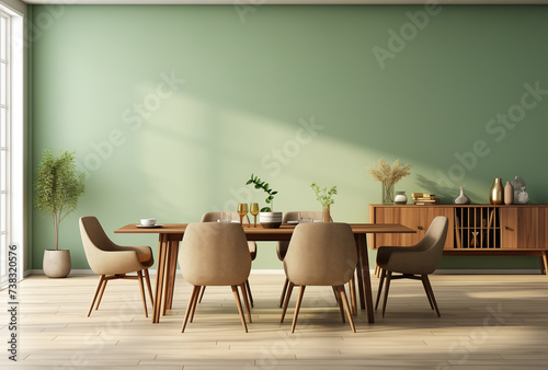 A table with chairs in a living room with green walls © Cla78