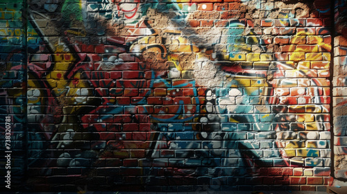A detailed shot of a vibrant graffiti mural on an urban brick wall © Textures & Patterns