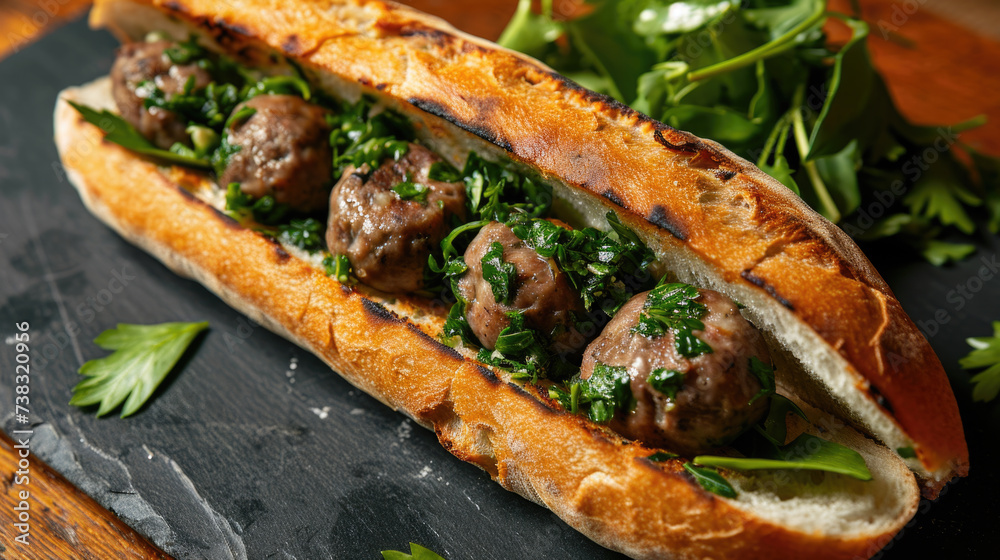 Delicious sandwich made with meatballs and spinach, displayed on cutting board. Perfect for lunch or quick meal on go