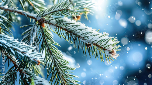 Snow-covered pine tree in close-up view. Suitable for winter-themed designs and nature-related projects