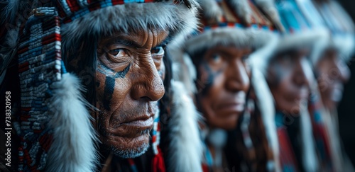 Headshot of a group Serious Native American men wearing their traditional outfits looking away photo