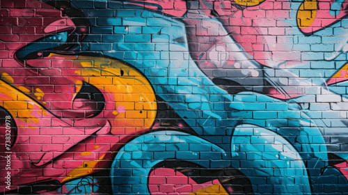 A detailed shot of a vibrant graffiti mural on an urban brick wall