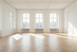 An empty vintage white room with a parquet