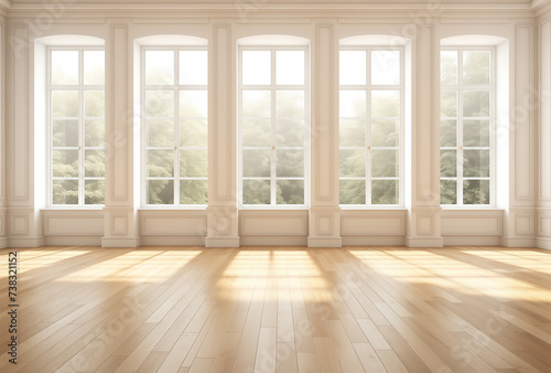 An empty vintage white room with a parquet and windows