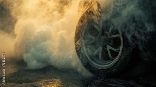 Car wheel with smoke and fog on asphalt road