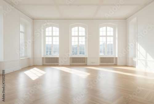 An empty vintage white room with a parquet