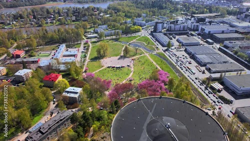 Aerial view of the cherry tree park in Roihuvuori, Herttoniemi, Helsinki. photo