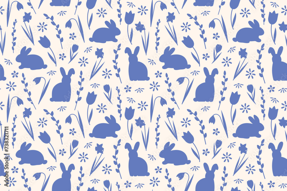 blue easter seamless pattern with rabbits, pussy willow twigs and spring flowers - vector illustration