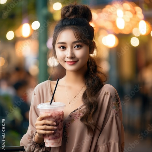 portrait of an asian woman with a drink. bubble tea Coffee with milk and ice.. Thai, Vietnamese. Evening Asian market. bokeh background