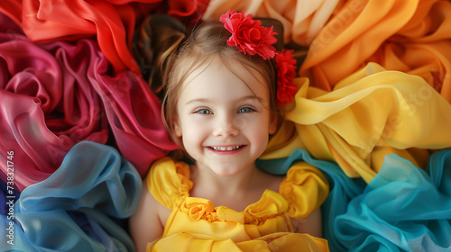 Little girl surrounded with colorful clothes . Model fashion children. Happy childhood. 