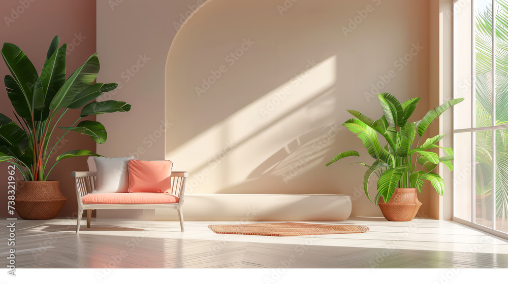 Biophilic design in living room, harmonious blend of modern style and natural elements. The room comes alive with presence of 2 lush green plants, pastel walls, pristine floor, organic materials Biophilic design in living room, harmonious blend of modern style and natural elements. The room comes alive with presence of 2 lush green plants, pastel walls, pristine floor, organic materials