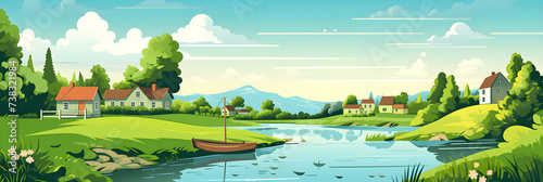 Serenity at its Finest: Flat Vector Illustration of a Peaceful Riverside Village Landscape