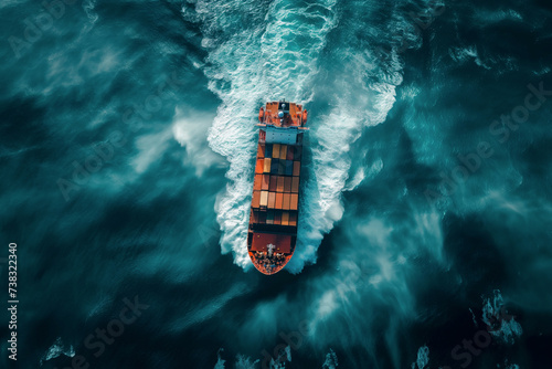 A large container cargo ship during a storm at sea, surrounded by large waves