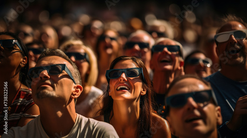 crowd of different people gathers in special sunglasses,looks at the solar eclipse and laughs,unique natural phenomenon © Ekaterina