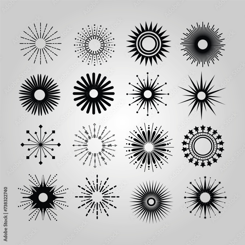 Creative set of black round trendy abstract isolated different shapes sunbeams icons design elements template on gray gradient background
