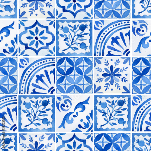 Watercolor blue floral azulejo tiles seamless pattern for wallpaper