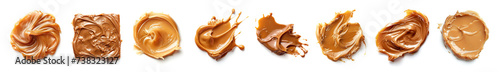 eautifully smeared melted caramel isolated on white background, top view photo