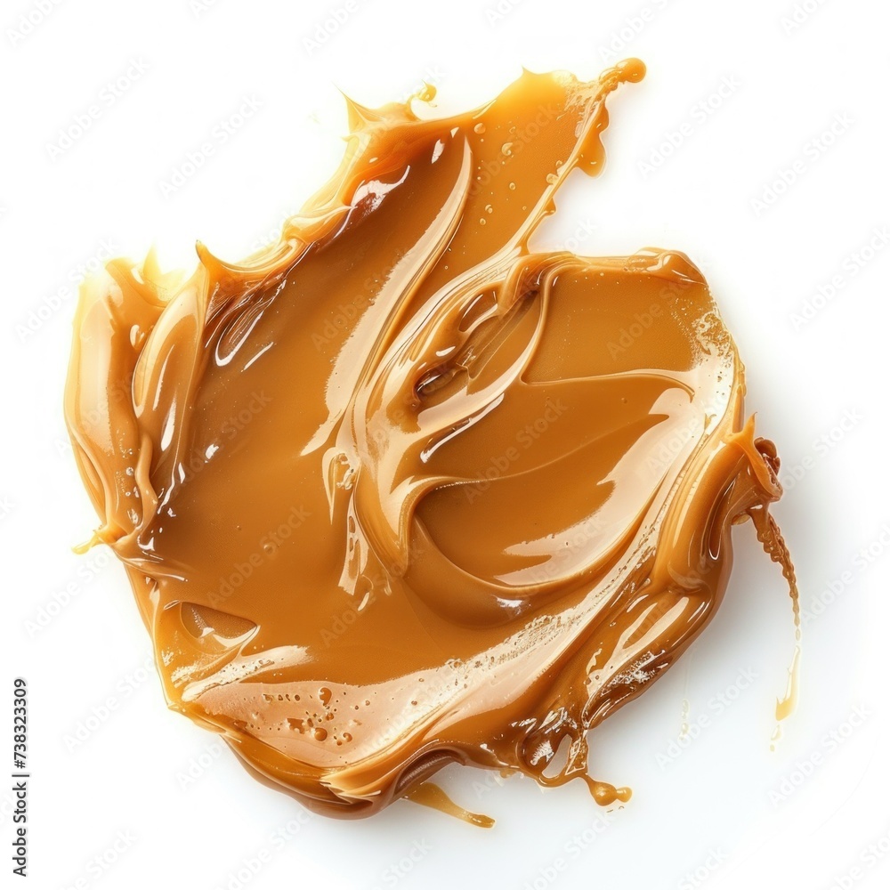 Deliciously rich caramel elegantly smudged on a pure white background, ideal for gourmet presentations Deliciously rich caramel elegantly smudged on a pure white background, ideal for gourmet presentations