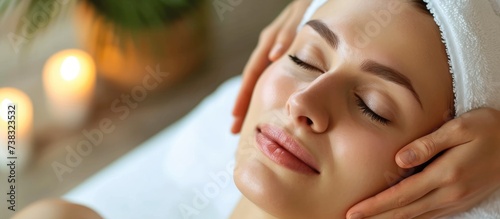 Asian woman receiving facial ultrasound cavitation and anti-aging treatment from cosmetologist in salon.