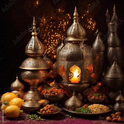 Arabian lamp lantern and delicious arabian foods