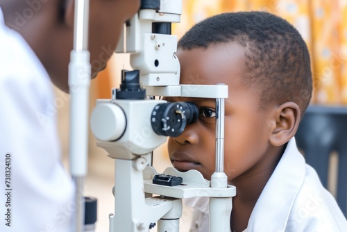 Young African Boy Having an Eye Exam at Optometrist Office. A small child undergoes eye diagnostics at the Ophthalmologist