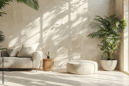 A calm and well-lit living room with modern furniture and potted plants. The sun casts beautiful shadows of plants on the wall  creating an atmosphere of calm