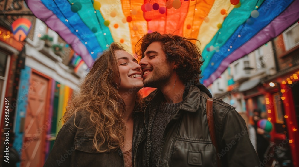 Pride Parade: A young couple, holding hands and smiling, kisses under a rainbow flag during a vibrant Pride parade as they celebrate love and diversity in the city streets